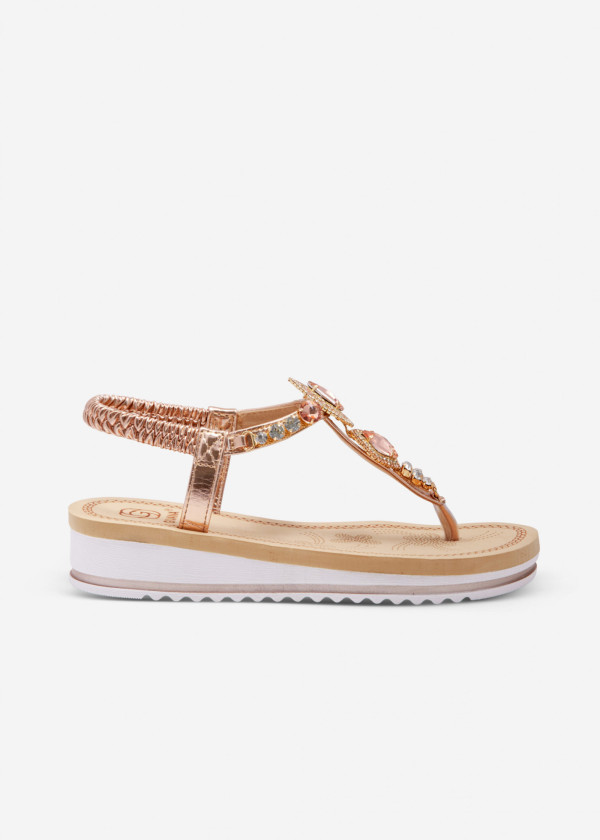 Rose gold diamante embellished low wedge toe-post sandals 3