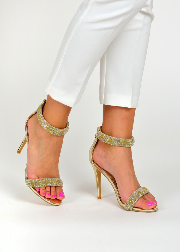 Gold rhinestone embellished heeled sandals 1