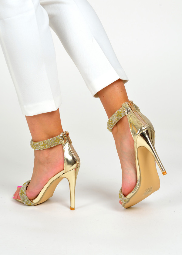 Gold rhinestone embellished heeled sandals 2