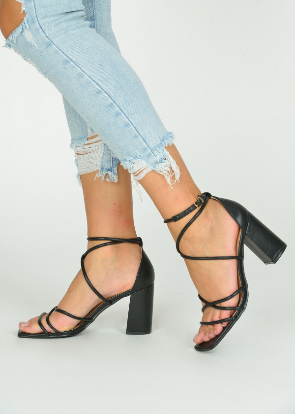 Black strappy block heeled sandals