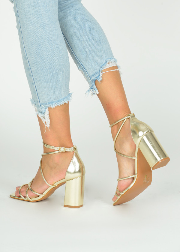 Gold strappy block heeled sandals 2