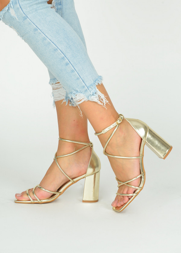 Gold strappy block heeled sandals