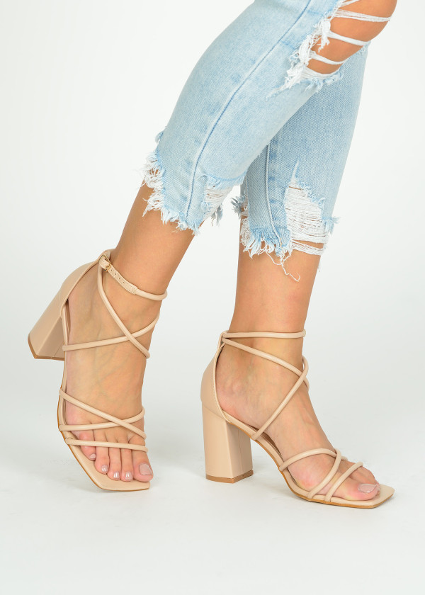 Nude strappy block heeled sandals 1