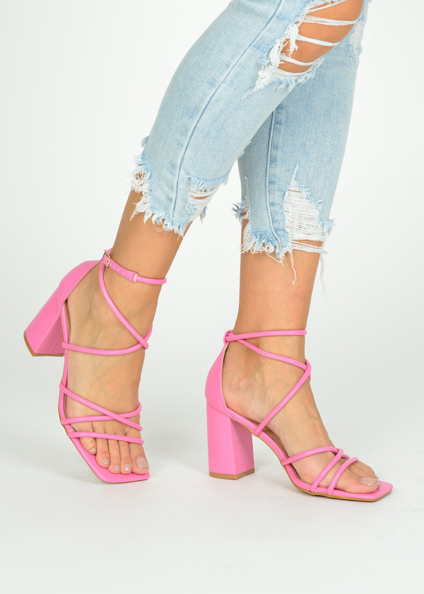 Pink strappy block heeled sandals 1