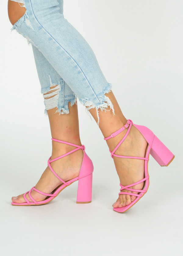 Pink strappy block heeled sandals