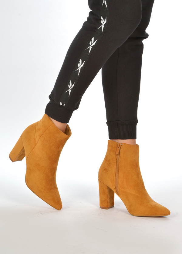 Brown tan pointed block heel ankle boots 1
