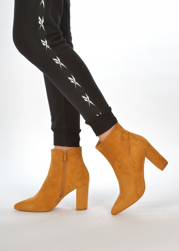 Brown tan pointed block heel ankle boots