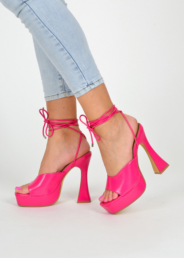 Fuchsia platform ankle tie heeled sandals