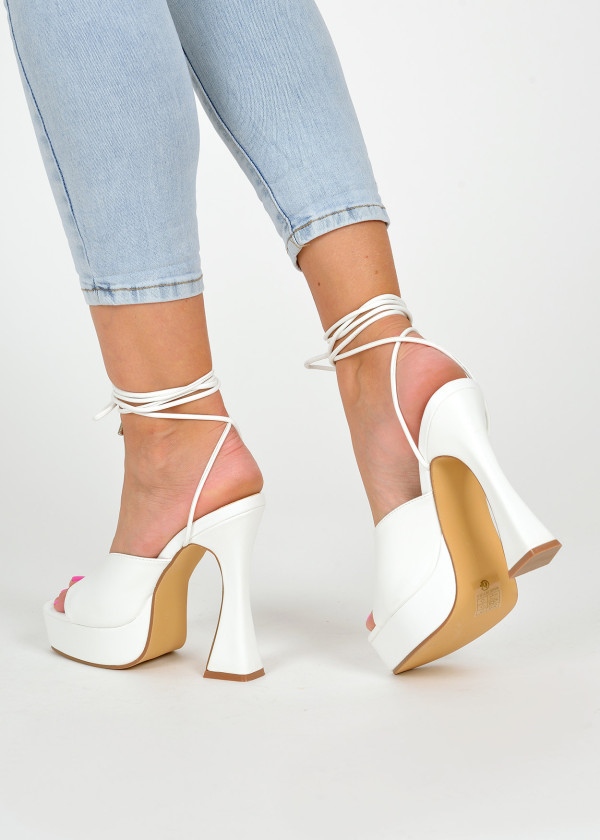 White platform ankle tie heeled sandals 2