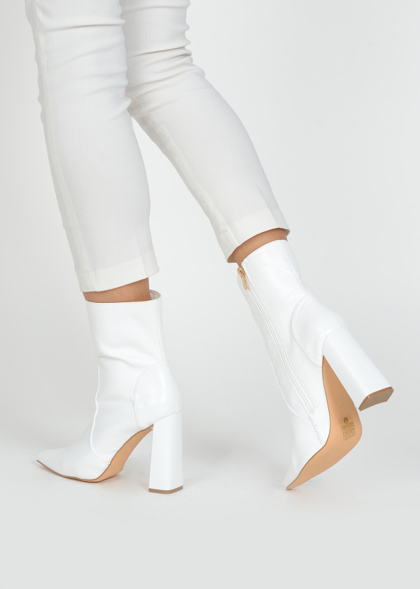 White pointed toe heeled midi boots 2