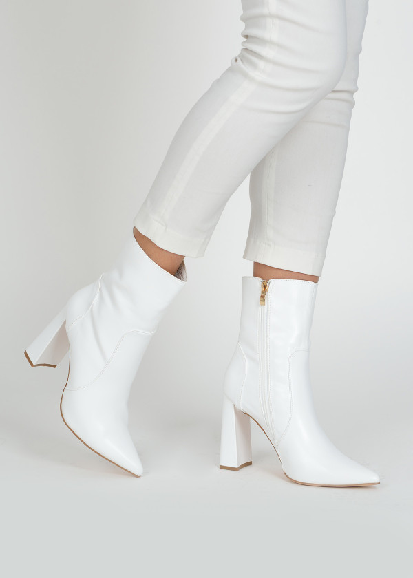 White pointed toe heeled midi boots 1