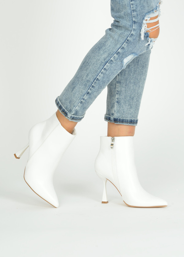 White pointed toe heeled ankle boots 1