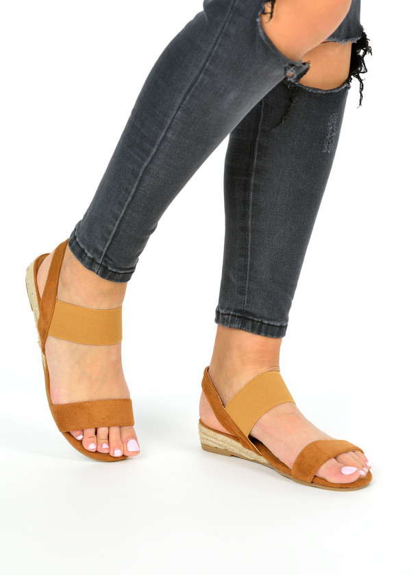 Brown tan double strap wedge sandals 1