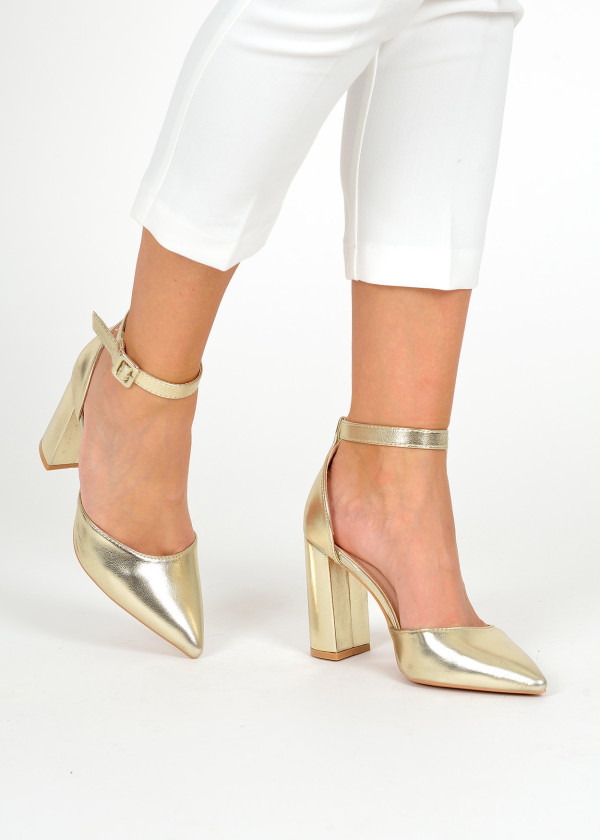 Gold block heeled court shoes 1