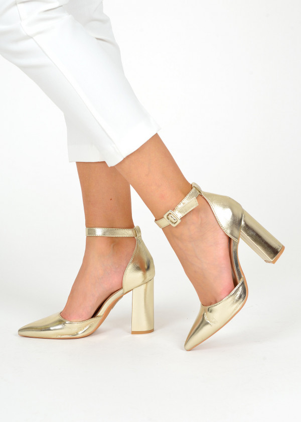 Gold block heeled court shoes 3