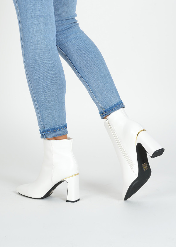 White pointed toe heeled ankle boots 2