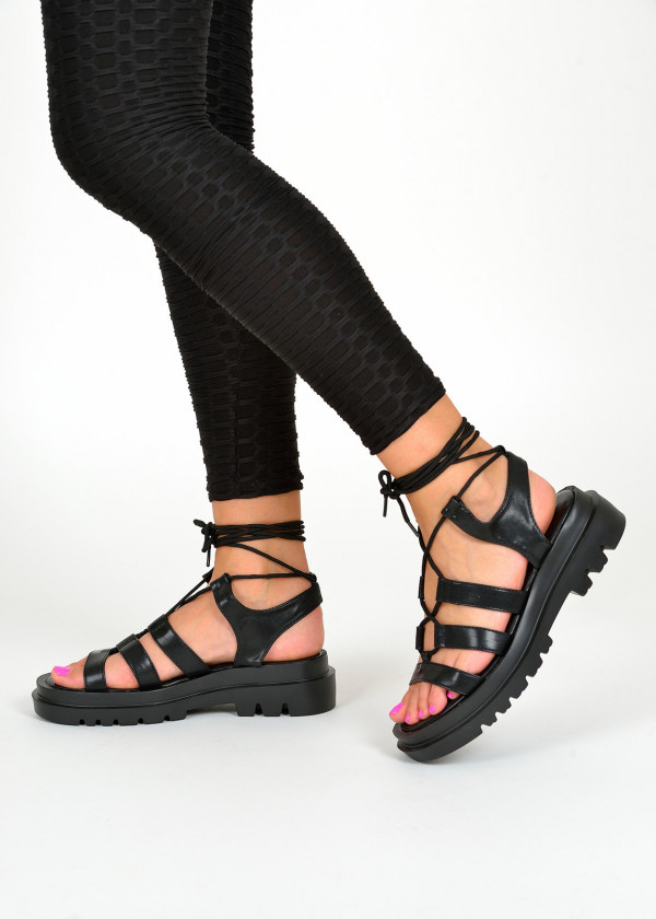 Black chunky lace up sandals