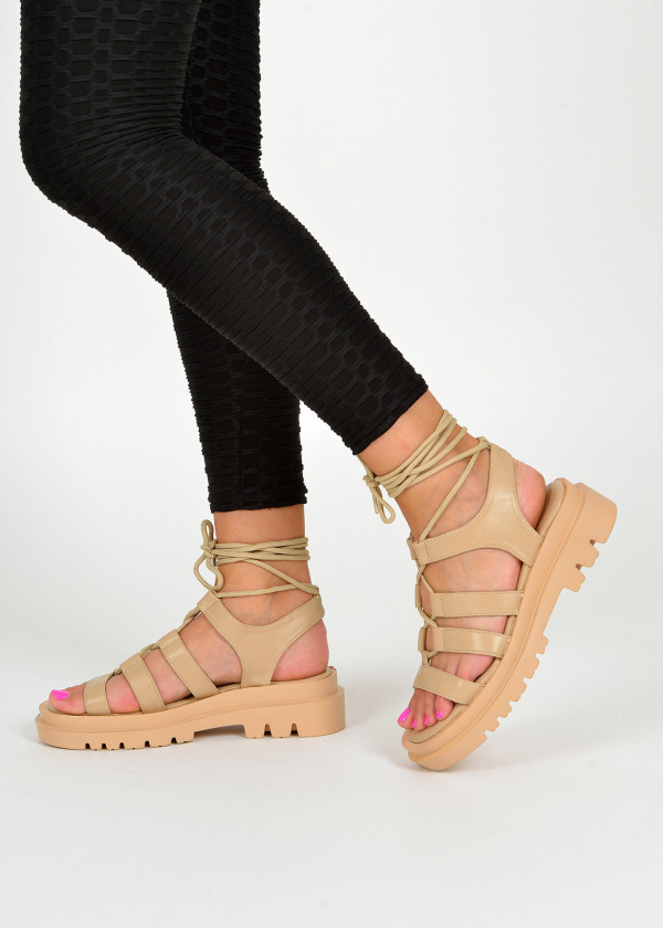 Nude chunky lace up sandals