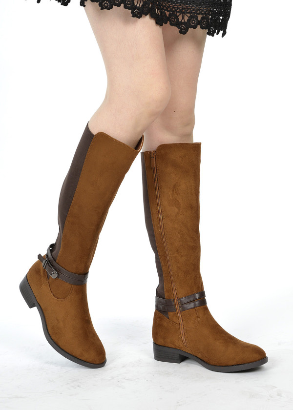 Brown tan buckle elastic knee high boots 1