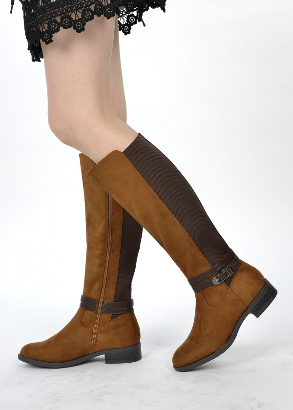 Brown tan buckle elastic knee high boots
