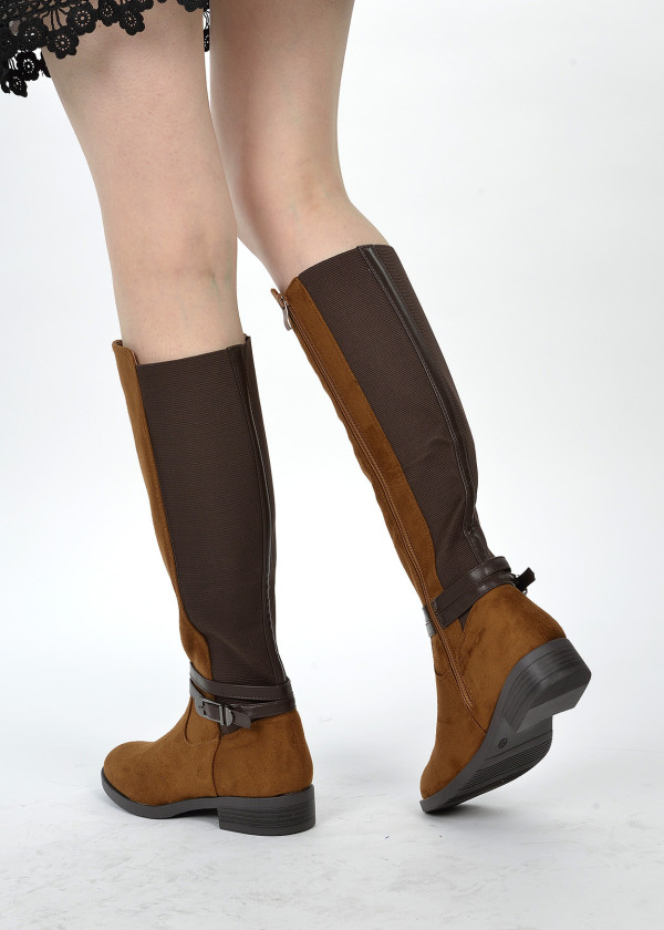 Brown tan buckle elastic knee high boots 2