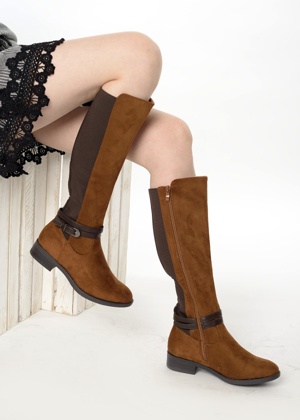 Brown tan buckle elastic knee high boots 3