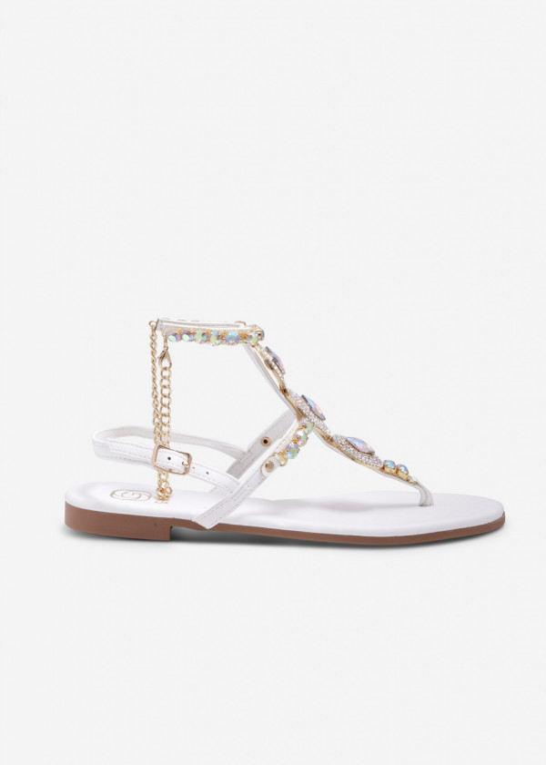 White diamante embellished flat toe-post sandals 3