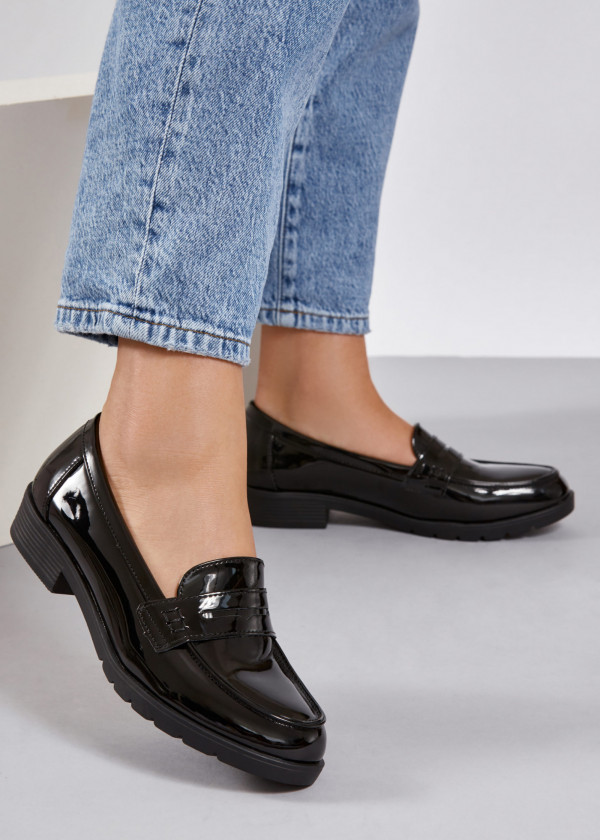 Black patent penny loafers