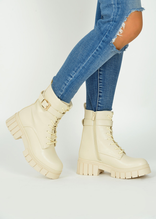 Beige chunky lace up ankle boots 1