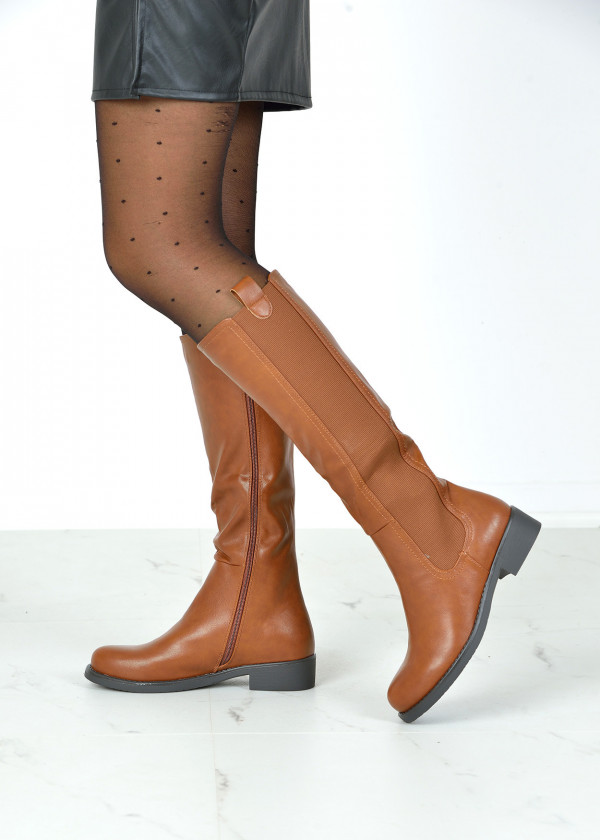 Brown tan elasticated side knee high boots