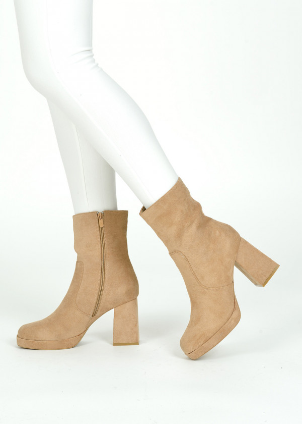 Khaki midi block heeled boots