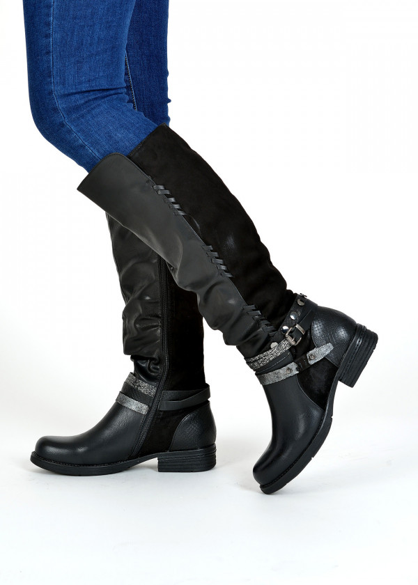 Black rustic strap detailed knee high boots