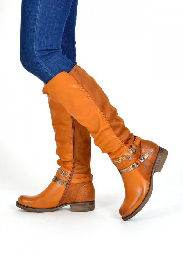 Tan rustic strap detailed knee high boots