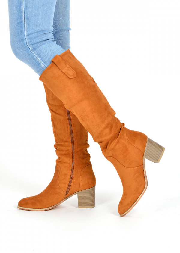 Tan pointed toe heeled knee high boots