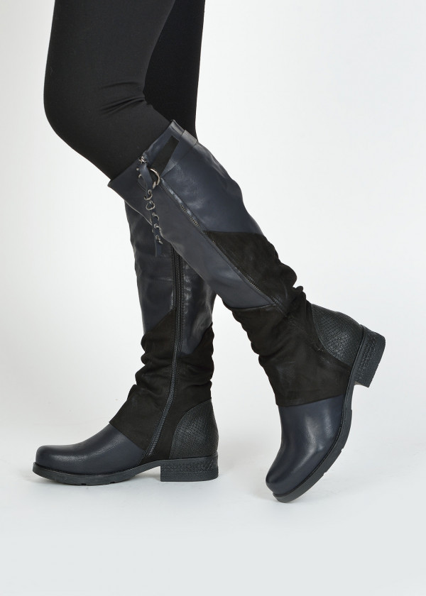 Black rustic two toned knee high boots