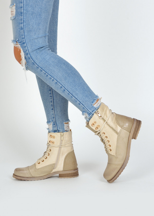 Beige two toned rustic lace up boots