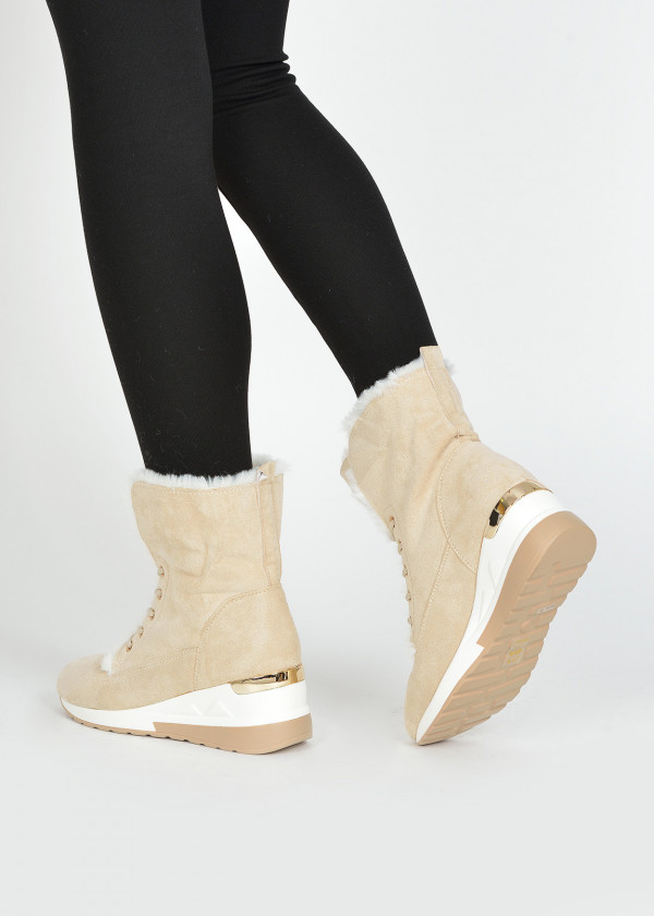 Beige faux fur hidden wedge high top sneakers 2