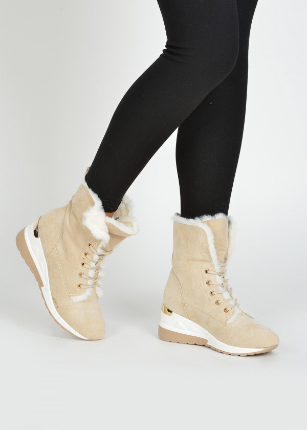 Beige faux fur hidden wedge high top sneakers 1