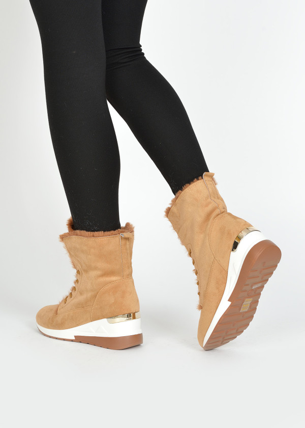 Tan faux fur hidden wedge high top sneakers 2