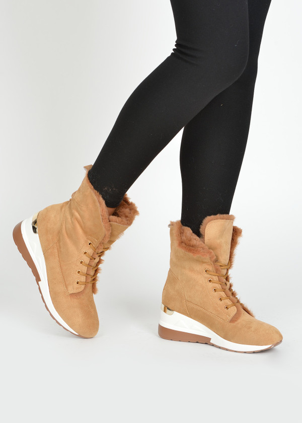 Tan faux fur hidden wedge high top sneakers 1