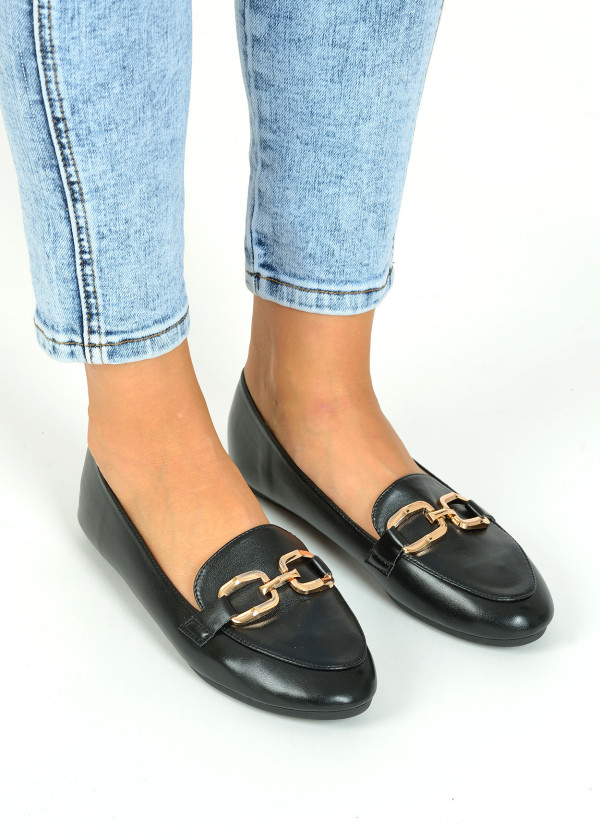 Black gold chain detail loafers 2