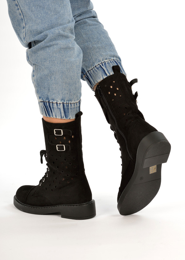 Black double buckle laser cut boots 2