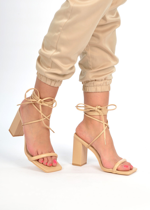 Nude ankle tie square front block heeled sandals 1