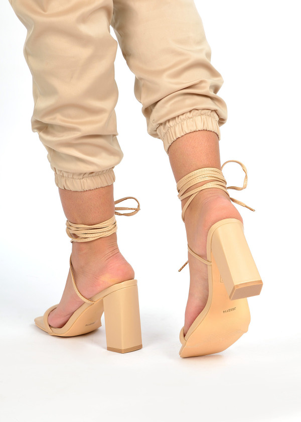 Nude ankle tie square front block heeled sandals 2