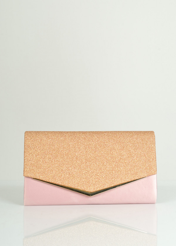 Rose gold glitter satin envelope clutch bag