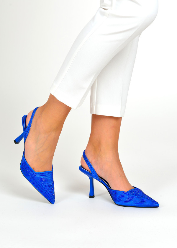 Blue sling back rhinestone embellished court shoes 1