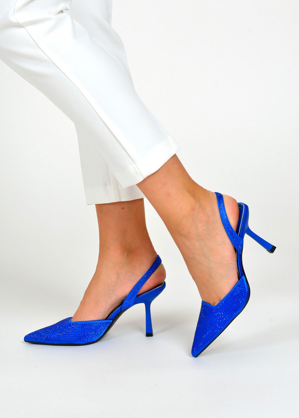 Blue sling back rhinestone embellished court shoes