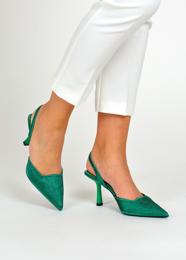 Green sling back rhinestone embellished court shoes 1