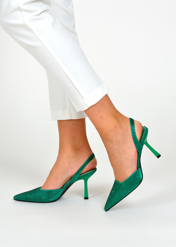 Green sling back rhinestone embellished court shoes
