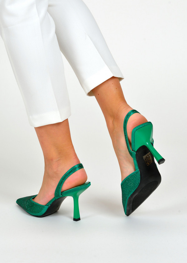 Green sling back rhinestone embellished court shoes 2